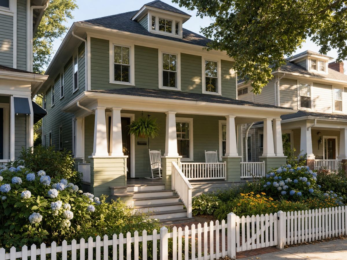 Sage-green Foursquare house with a hipped dormer, a deep white-columned front porch with rocking chairs and blue hydrangeas behind a white picket fence.