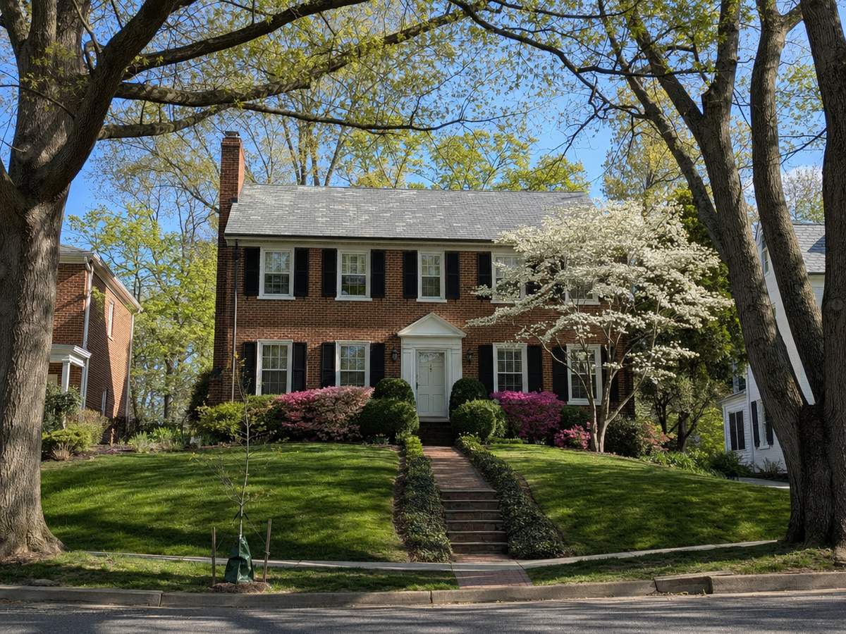 Red-brick Colonial Revival house with black shutters and a slate roof on a sloping lawn with azaleas, a white dogwood and large oak trees over the street.