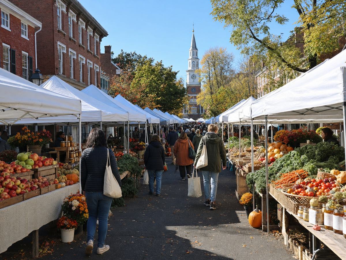 Saturday farmers' market with white canopy tents of apples, pumpkins and fall flowers along a street, a few people walking, and Alexandria City Hall's clock tower beyond.