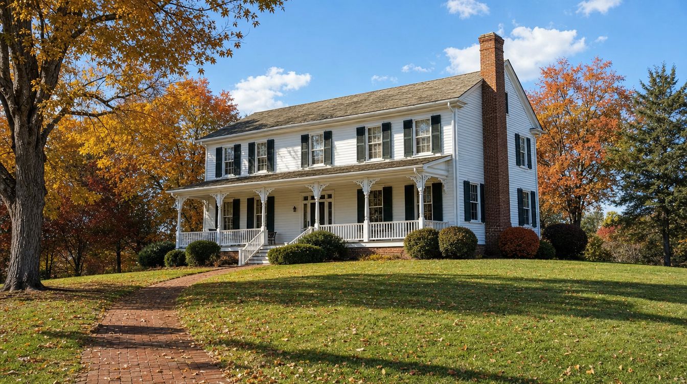 The white 1845 Cherry Hill Farmhouse with its long front porch, above a brick path and lawn in Cherry Hill Park, Falls Church