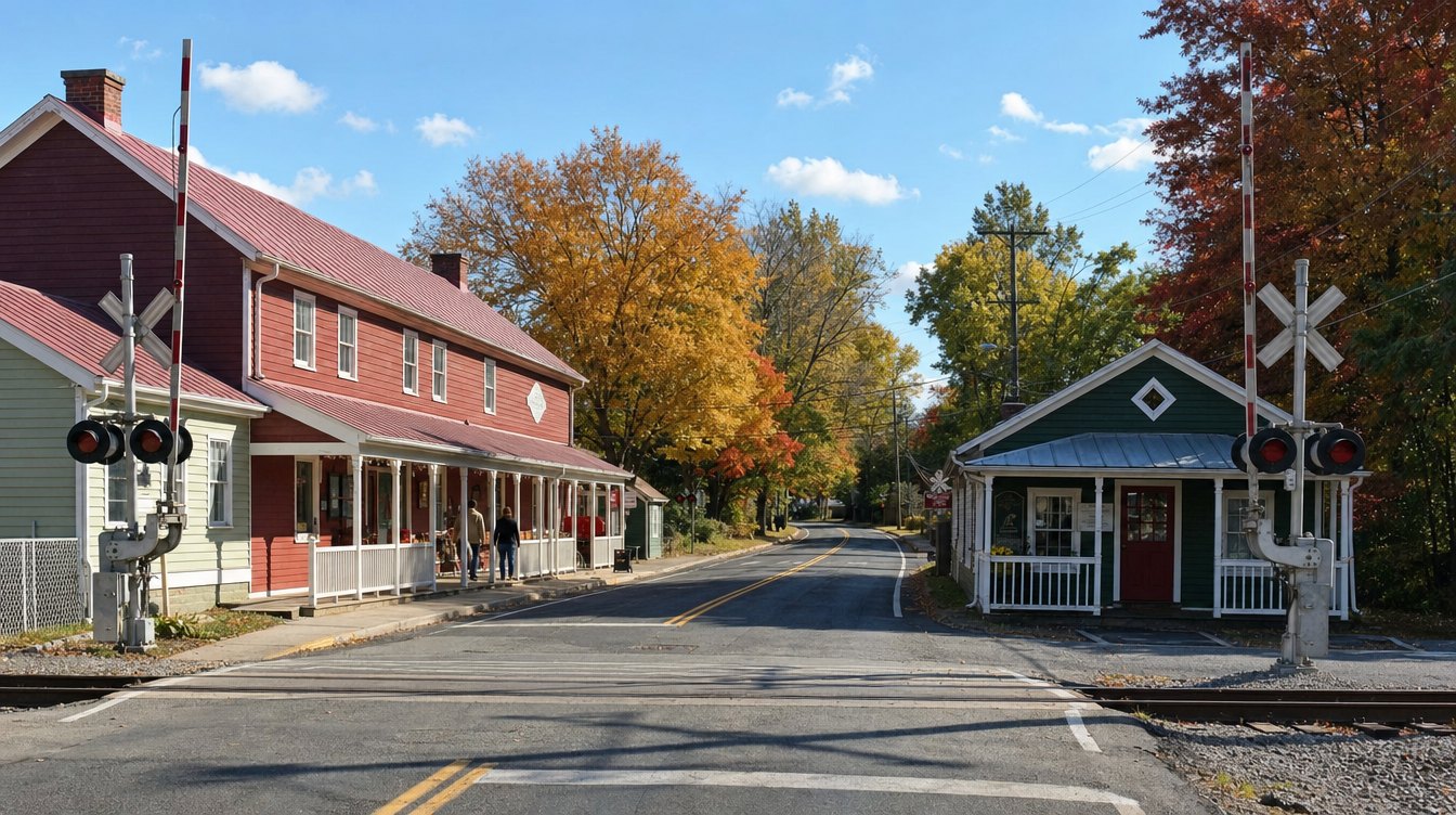 Main Street in the Town of Clifton at the railroad crossing, with the barn-red general store porch and fall trees