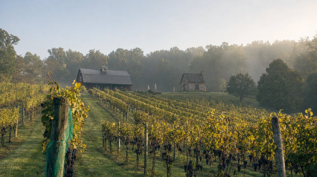Rows of grapevines with dark grapes and yellowing leaves on a misty harvest morning, with a dark barn and a small cabin at the top of the slope