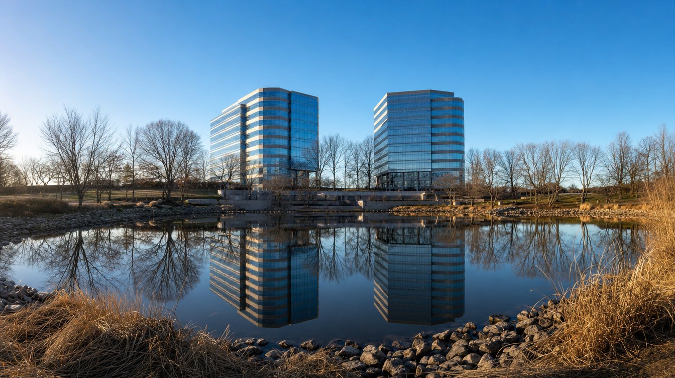 The pond at the Fairfax County Government Center in early March, with two glass office towers and bare trees mirrored in still water, a rocky bank and dry tan grasses in front