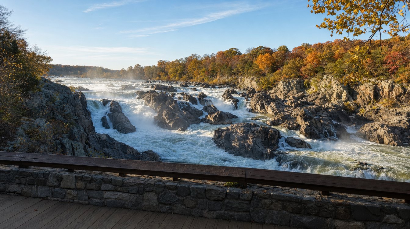 The Great Falls of the Potomac from an overlook in Great Falls Park, white water pouring through dark rock under fall color