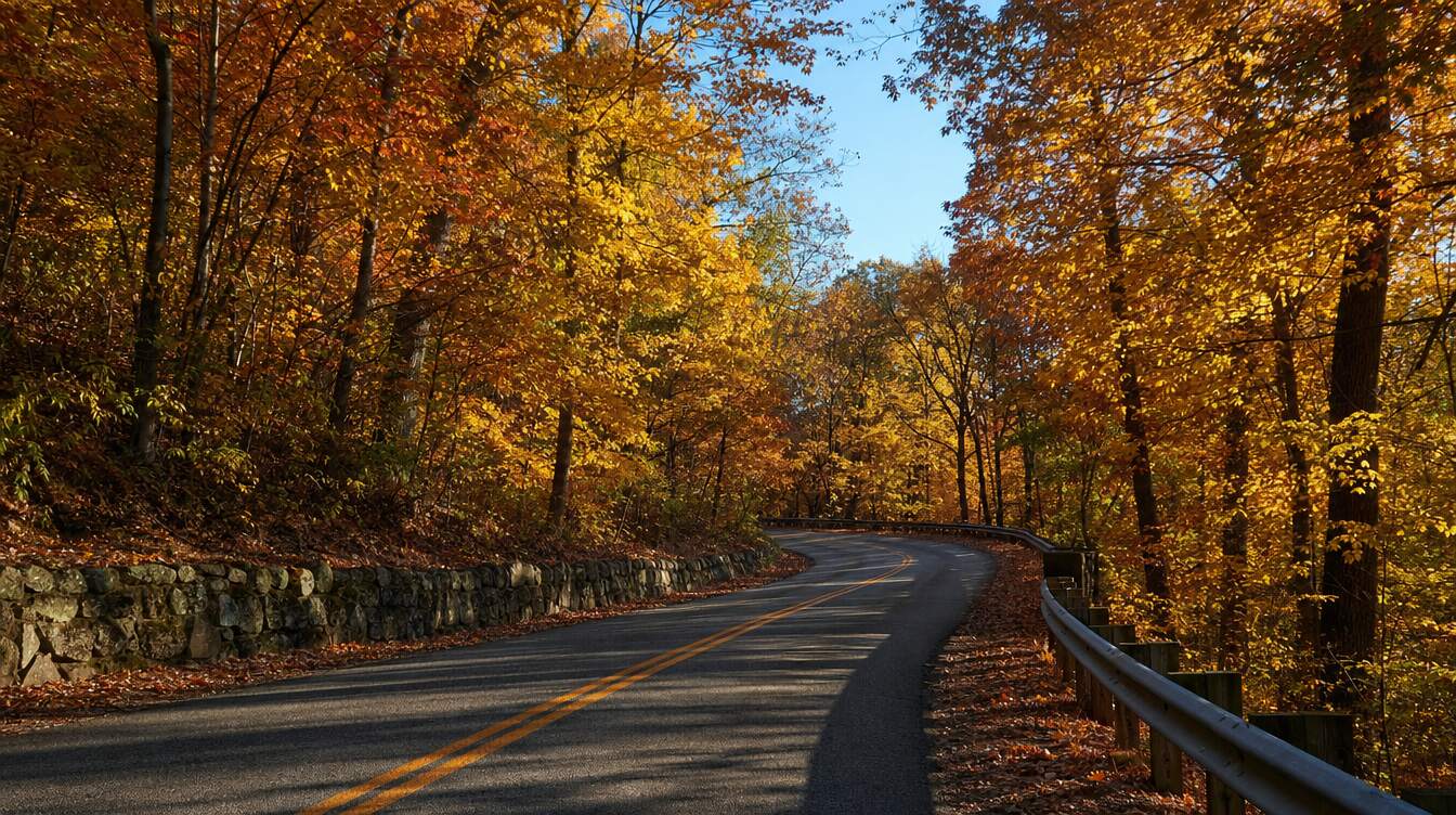 Georgetown Pike winding through woods in peak autumn color, with a low stone wall along the road