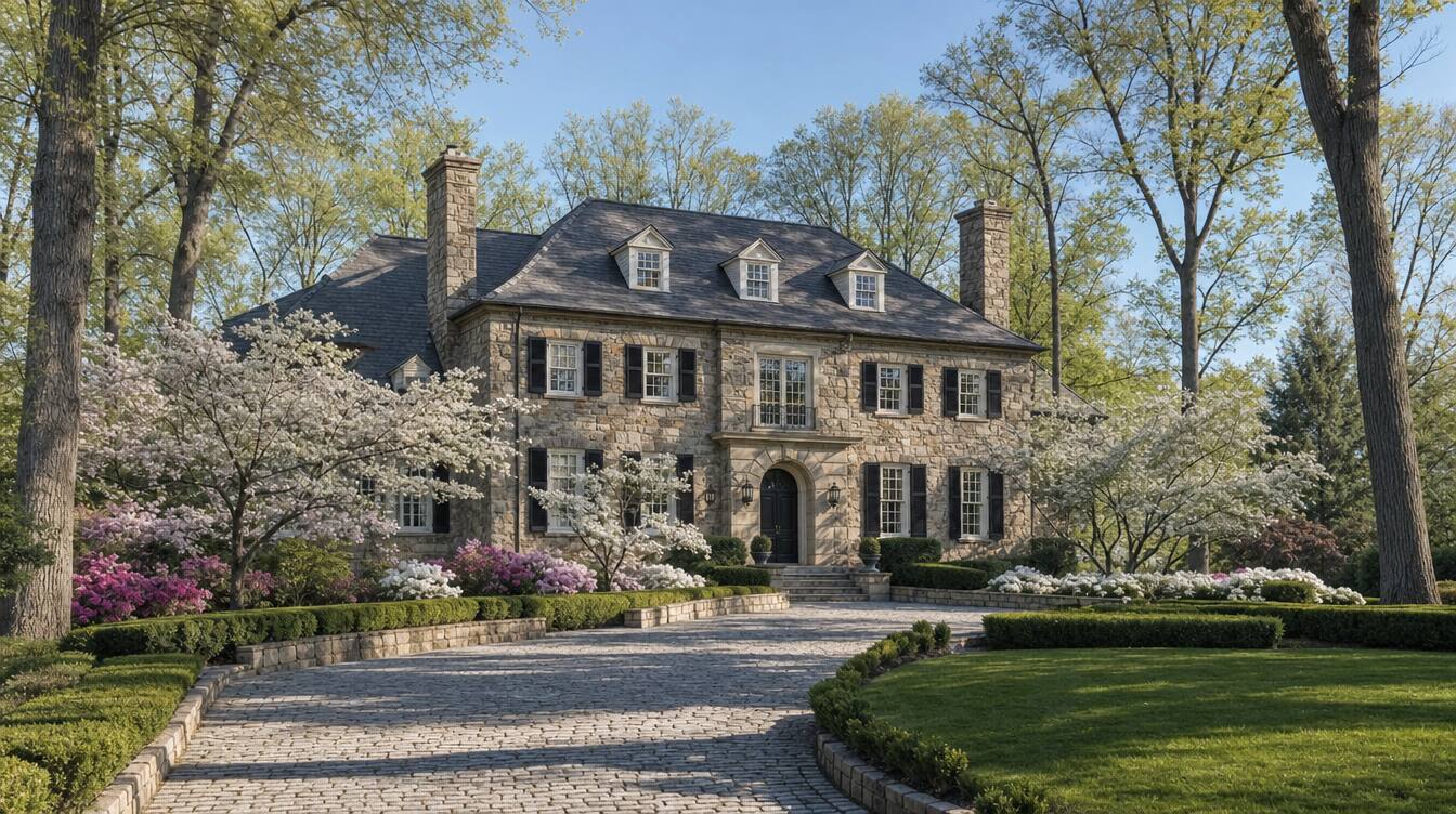 A fieldstone manor house with a slate roof, three dormers and two chimneys behind a cobblestone forecourt, with dogwoods and azaleas in bloom on a wooded lot