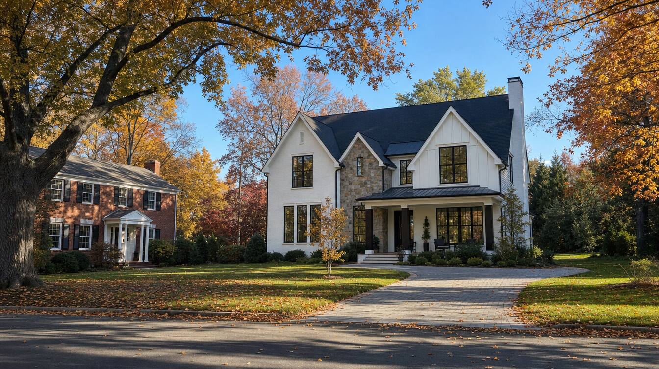 A new white brick and board-and-batten house with black-framed windows beside an original red-brick colonial, under oaks and maples in autumn color