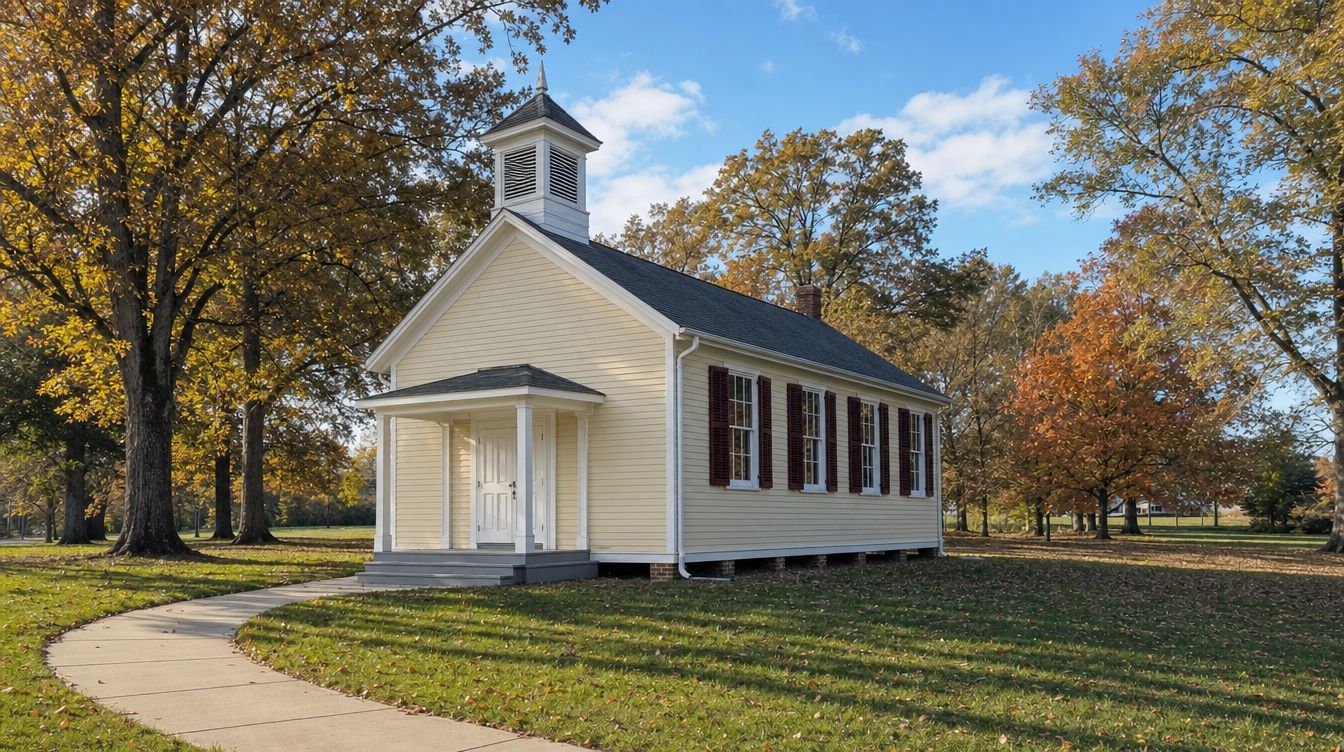 The cream clapboard Oakton Schoolhouse with its white belfry and burgundy shutters in Oakton Community Park in fall