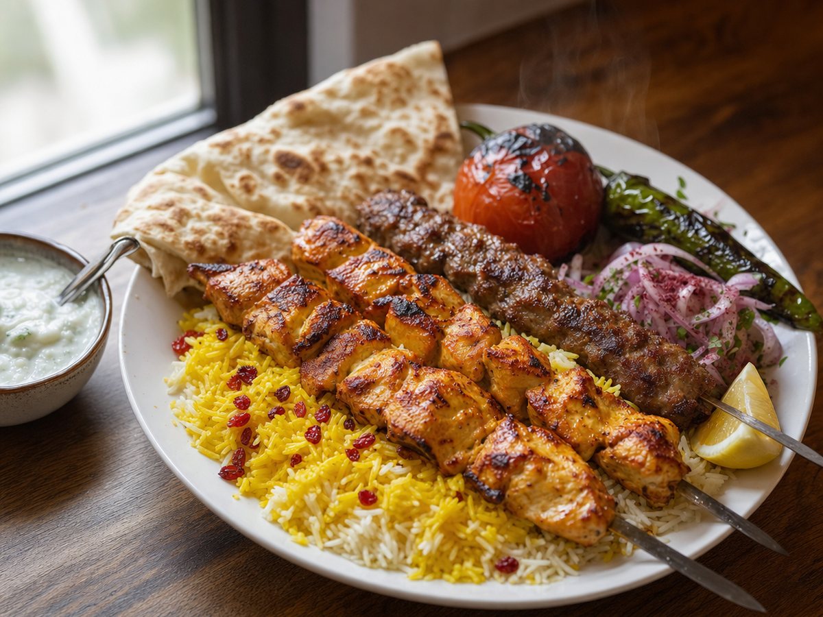 طبق كبير من كباب الدجاج المشوي والكفتة على أرز بالزعفران مع الزرشك (البرباريس)، مع طماطم وفلفل مشويين، وبصل مقطّع بالسماق، وليمون، وخبز رقيق، ووعاء من صلصة اللبن.