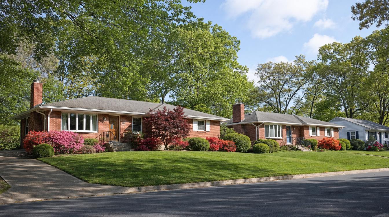 Long one-story red-brick ramblers with low gray roofs, wide picture windows and brick chimneys on broad sloping lawns, banked with red and pink azaleas under tall trees in fresh spring leaf