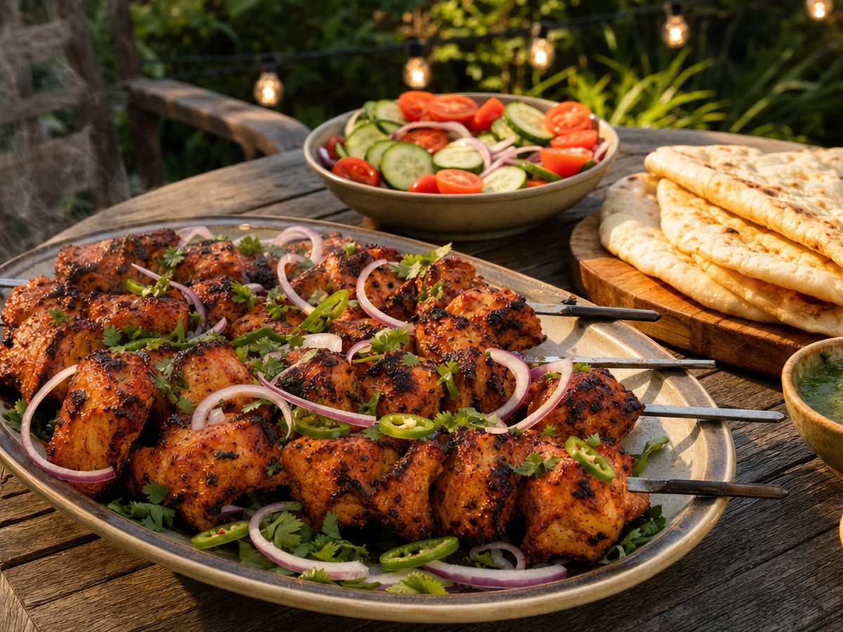 أسياخ من دجاج التكا المشوي مع بصل أحمر مقطّع، وفلفل أخضر حار، وخبز نان، وليمون، ووعاء من صلصة النعناع (تشاتني) على طاولة خشبية.