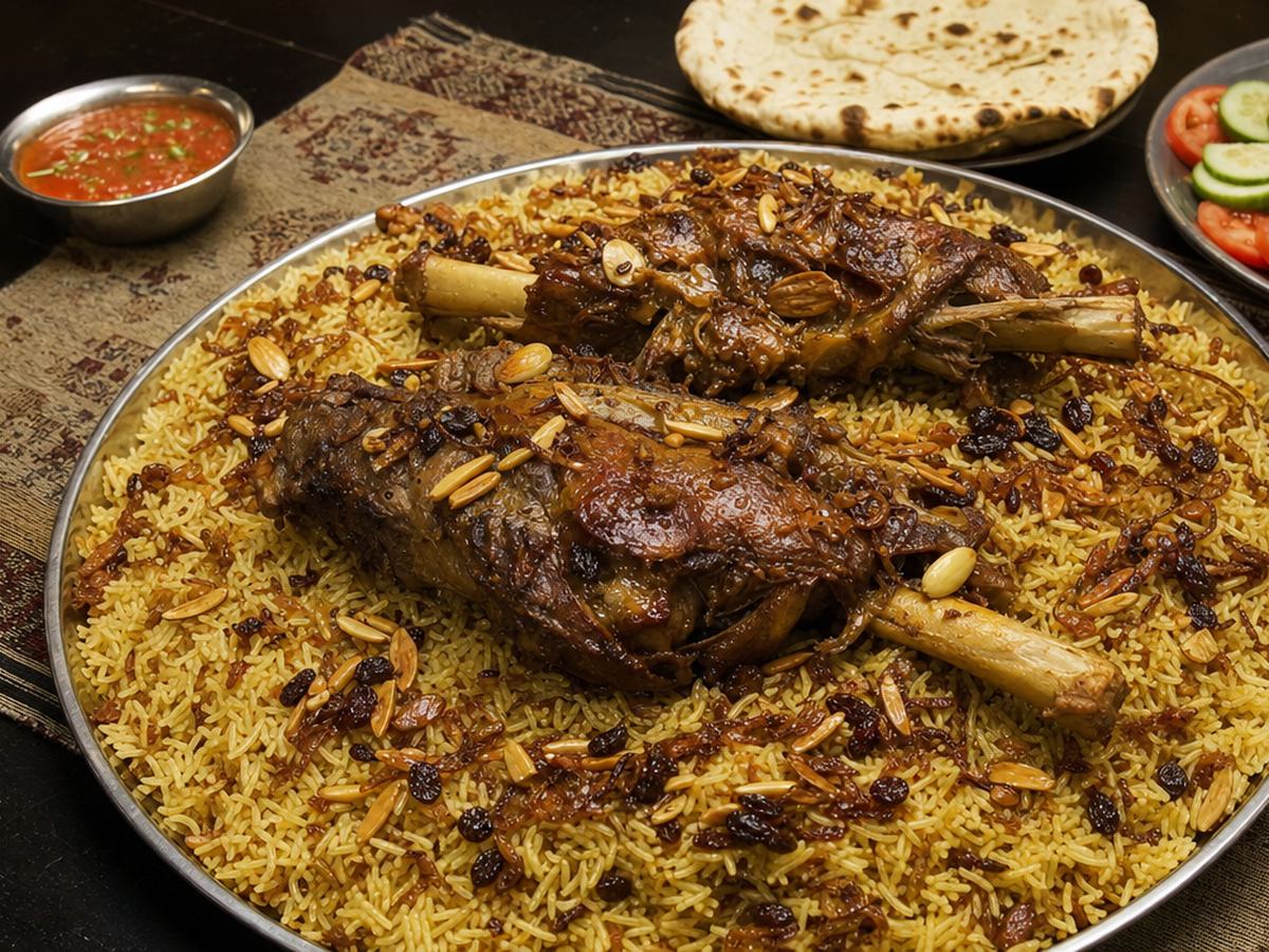 طبق كبير من مندي لحم الضأن، فيه موزات ضأن مشوية على أرز أصفر باللوز والزبيب، مع وعاء من الصلصة الحمراء وسلطة.