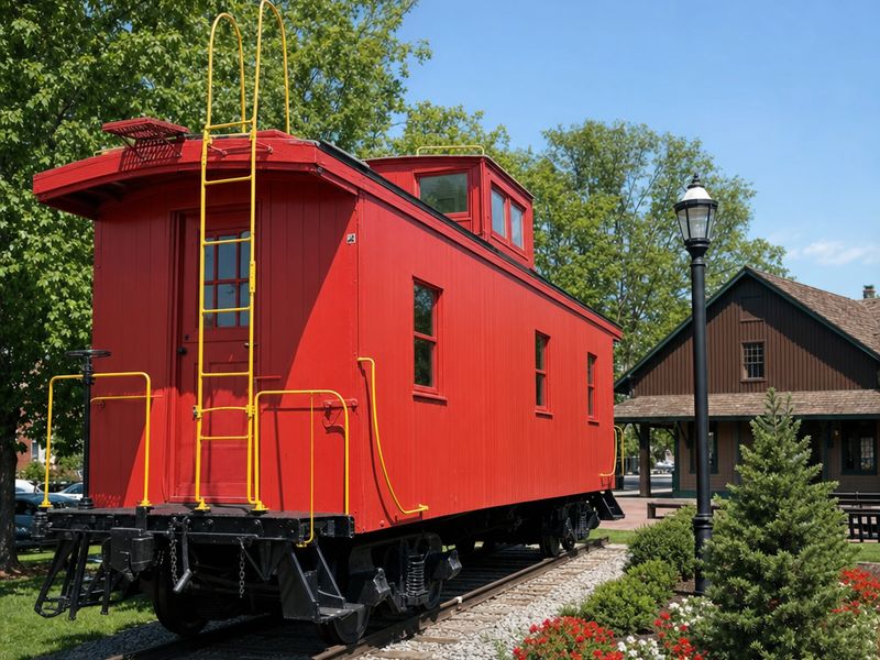 A red caboose on display track beside the cream-colored old train depot
