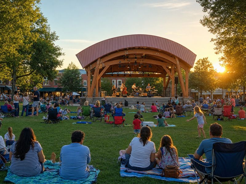 A summer concert at sunset on the Vienna Town Green, with families on blankets