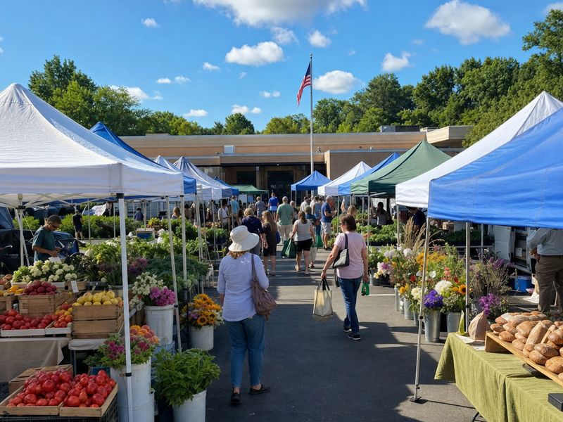 The Saturday farmers market under white tents beside the brick community center