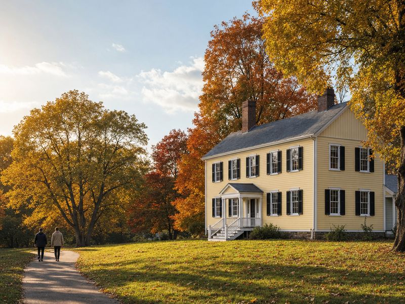 A walking path past tennis courts to the historic white house at Nottoway Park