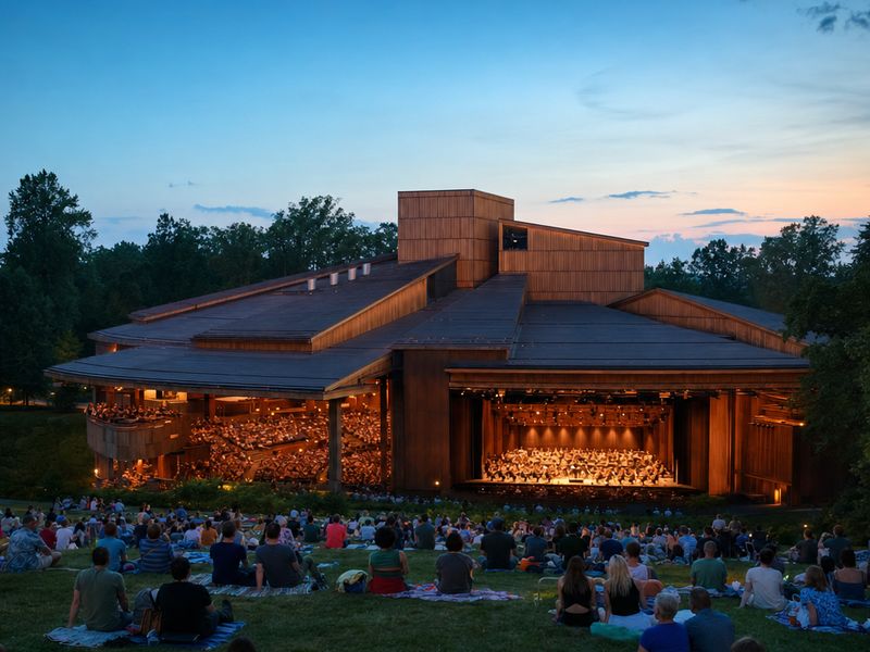 A summer evening concert under the wooden roof of Wolf Trap, seen from the lawn