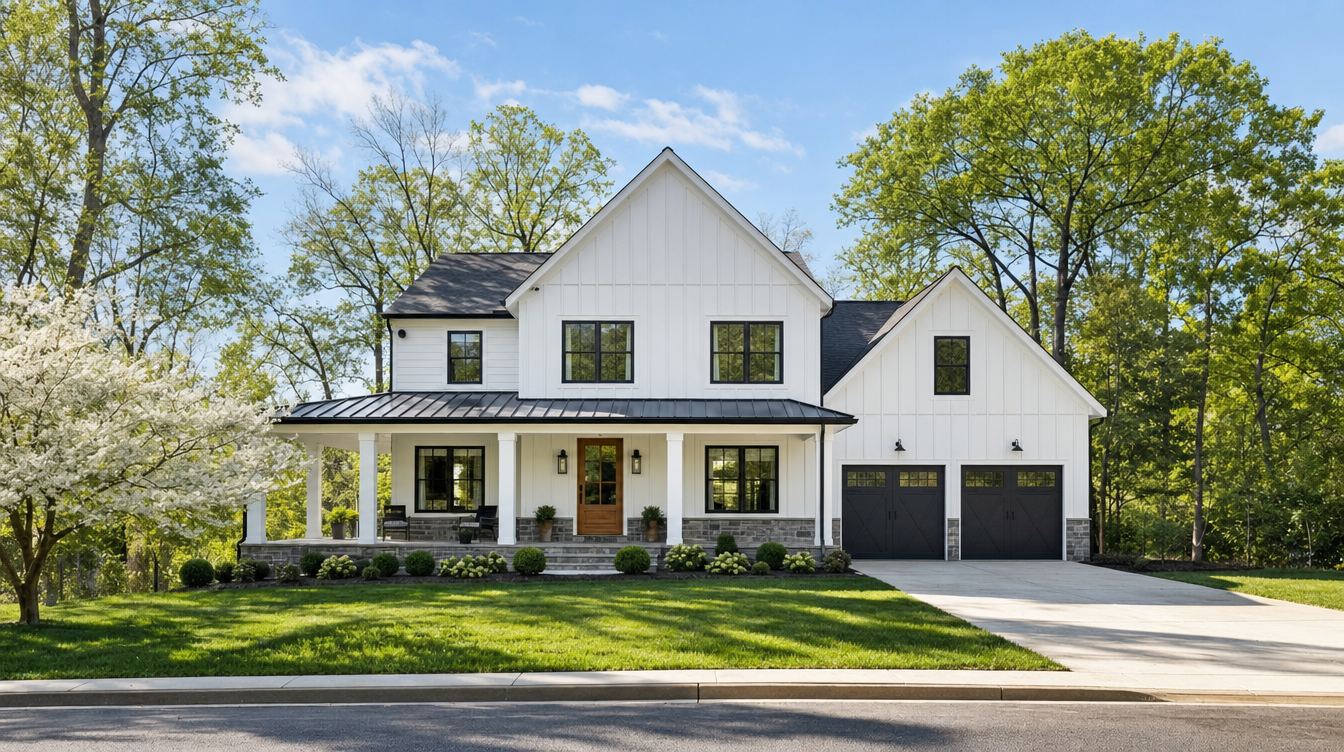 A new white board-and-batten home with black-framed windows, a standing-seam metal porch roof, stone trim and a two-car garage on a wooded lot, with a dogwood in bloom