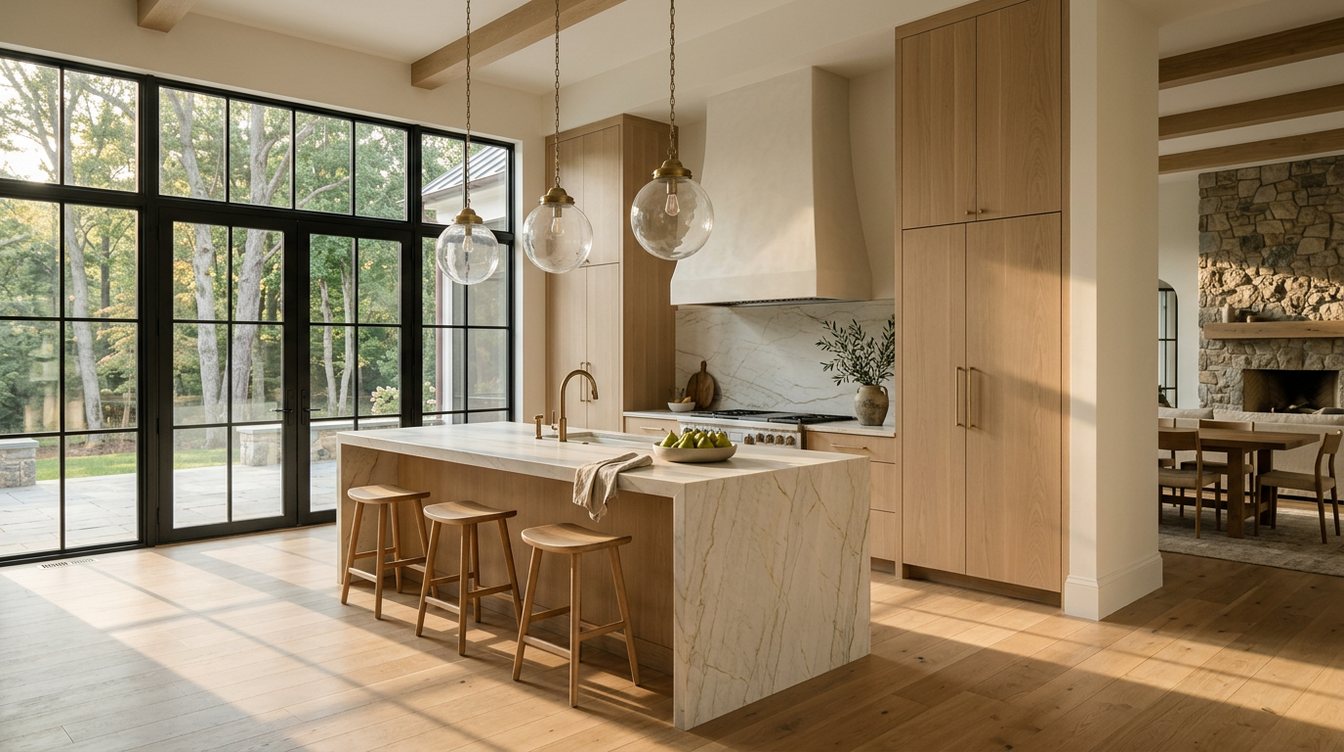 A wide great-room kitchen at golden hour with pale white oak cabinets, a cream plaster range hood, a waterfall quartzite island with oak stools and glass pendants, a wall of black steel windows and a stone fireplace at the far end, on wide oak floors