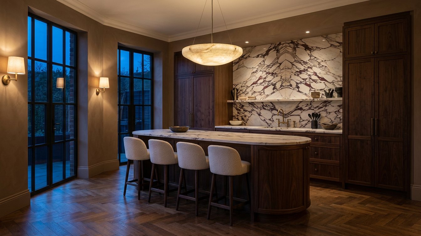 A walnut kitchen at dusk with a purple-veined marble backsplash, a curved walnut island with cream upholstered stools, an alabaster pendant, wall sconces and tall black steel doors, on dark herringbone oak floors
