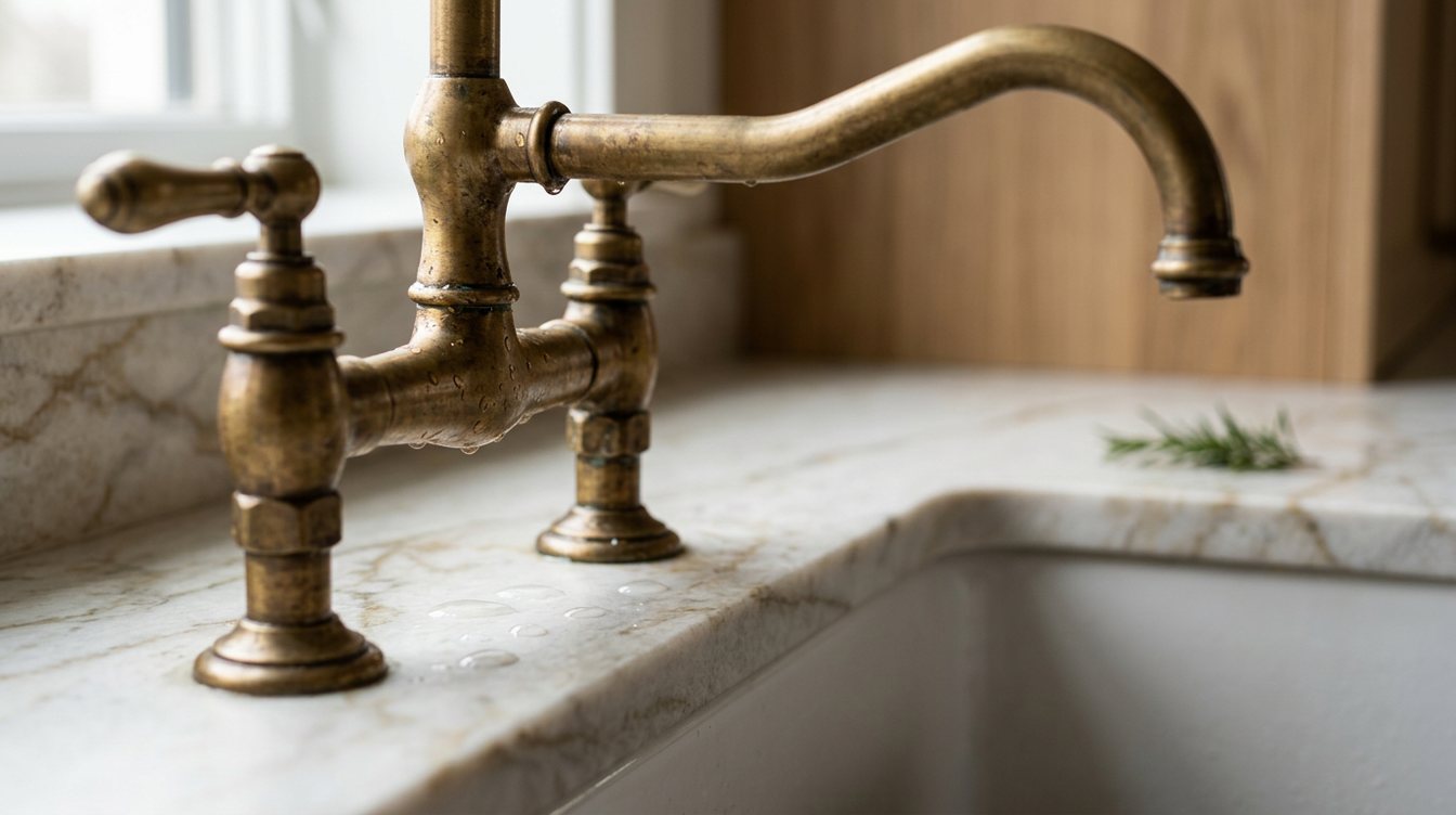 Close-up of an aged, unlacquered brass bridge faucet over an undermount sink in a veined quartzite counter, with a sprig of rosemary on the stone