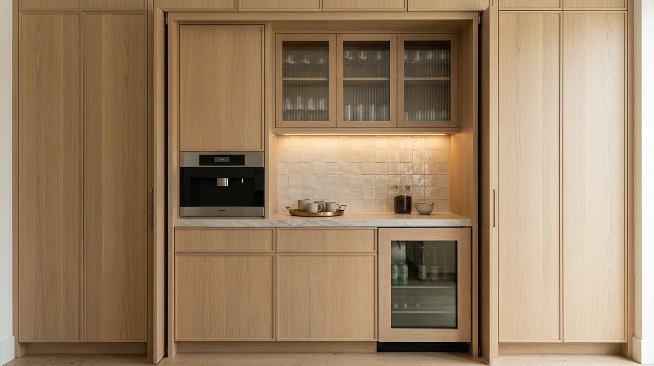 A built-in coffee station in white oak cabinetry with its pocket doors open, showing a built-in espresso machine, glass-front cabinets, a handmade tile backsplash and a glass-front beverage fridge