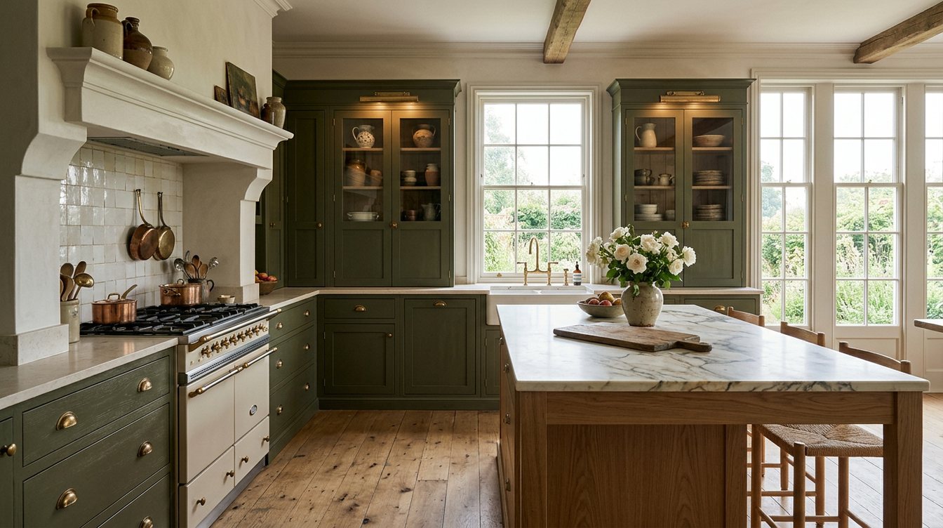 An English country style kitchen with deep olive green cabinets and glass-front uppers, a white plaster range hood over a cream range, a long oak island with a marble top and a vase of white roses, tall sash windows and wide oak floors