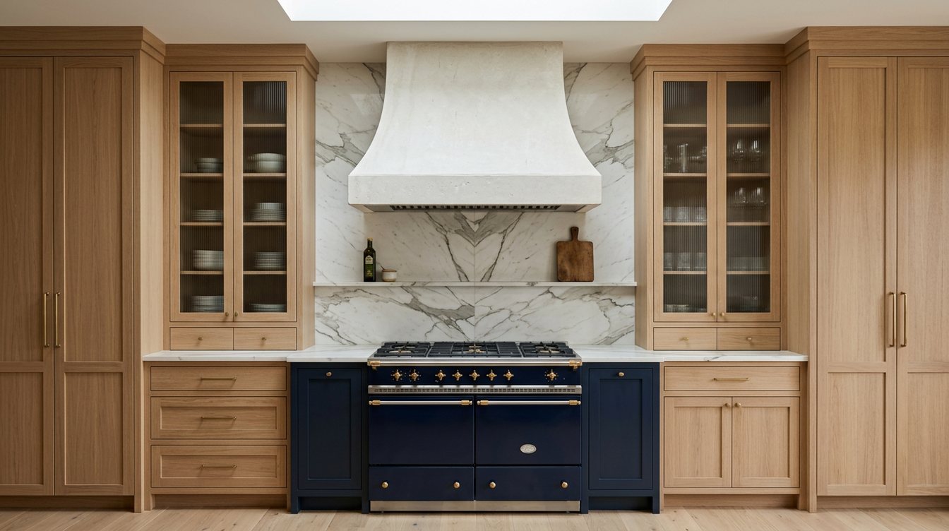 A symmetrical range wall with a cream plaster hood, a book-matched marble slab backsplash with a narrow shelf, a navy and brass range, and white oak cabinets with glass-front uppers on each side
