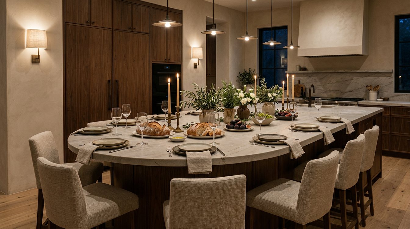 A long curved walnut island with a stone top set for dinner by candlelight, with bread, wine glasses, linen napkins and flowers, and upholstered stools around it in a warm plaster kitchen