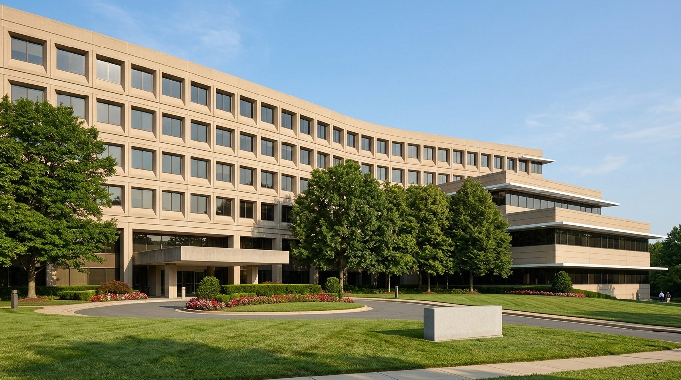 The long curving beige headquarters building of Freddie Mac in Tysons behind a green lawn, flower beds and mature trees on a sunny morning