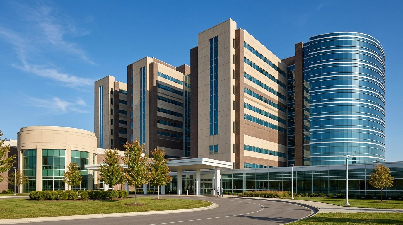 The beige, brown-brick and blue-glass towers of Inova Fairfax Hospital rising behind a landscaped entrance drive on a clear morning