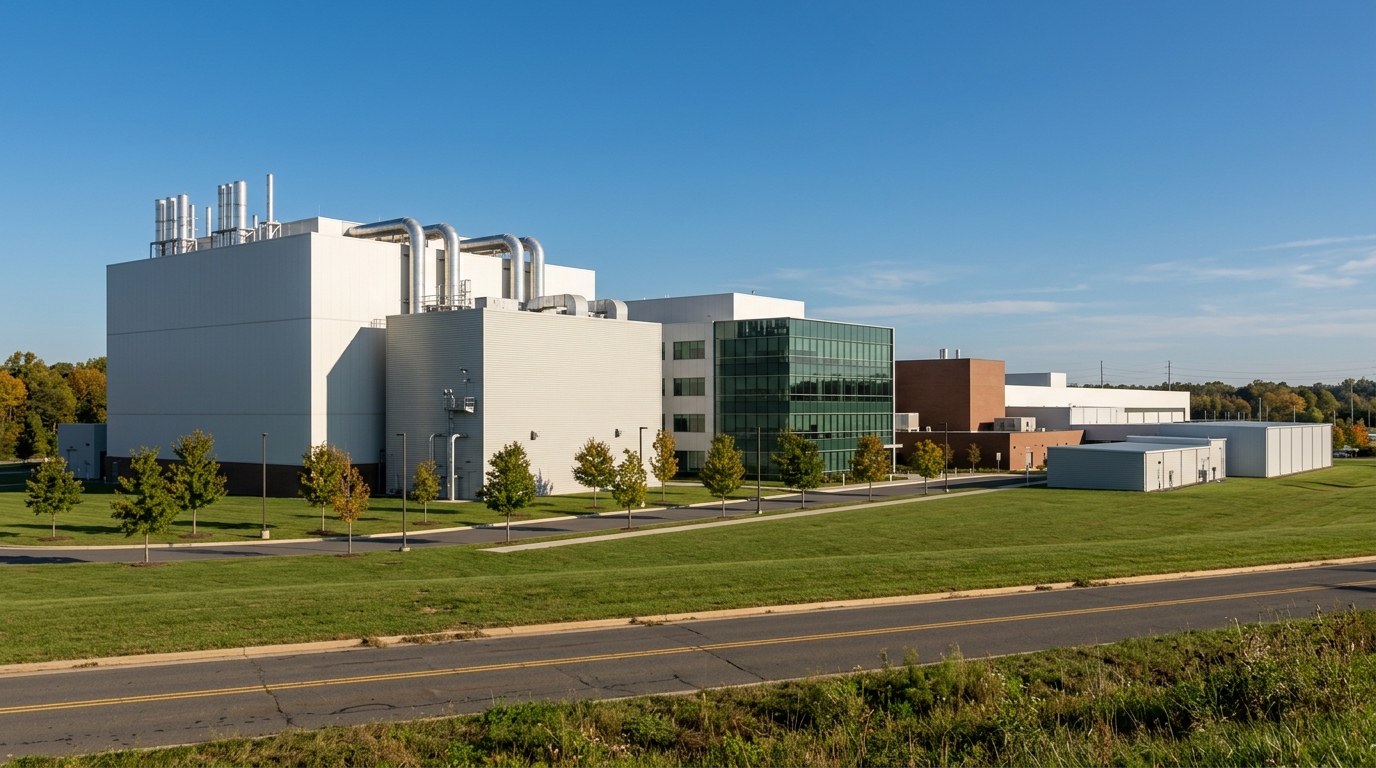 White and silver metal chip-plant buildings with steel exhaust stacks at Micron in Manassas, behind a green lawn and young trees on a clear fall morning