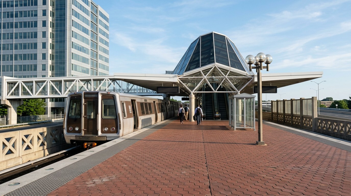 A Metro train at the elevated Greensboro station in Tysons, with commuters seen from behind walking toward the station's glass canopy and an office tower behind