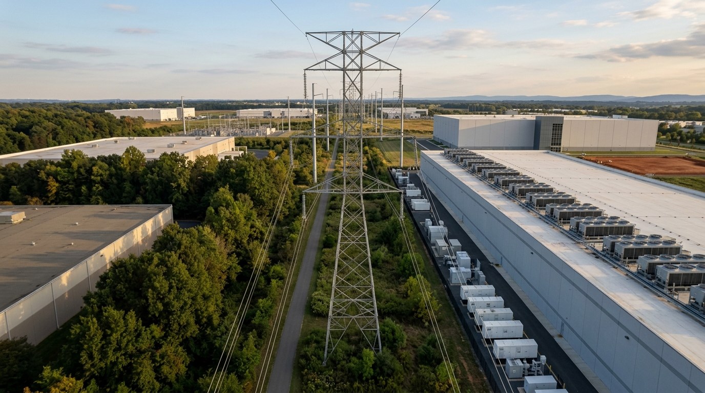 Long windowless data center buildings in Ashburn lining a straight corridor of high-voltage transmission towers, seen from above on a fall afternoon