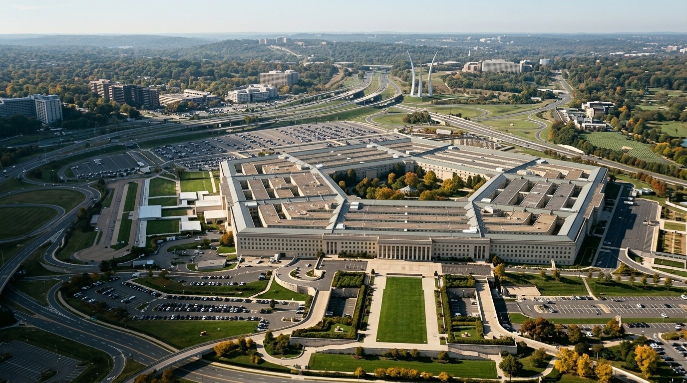 Aerial view of the five-sided Pentagon with its central courtyard and lawns on a clear fall morning, the Air Force Memorial spires on the ridge behind