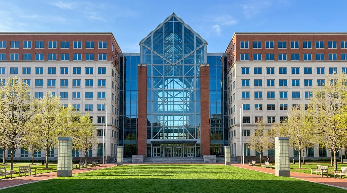 The tall pointed glass atrium of the Patent and Trademark Office headquarters in Alexandria between brick and stone wings, seen across a green courtyard lawn in spring