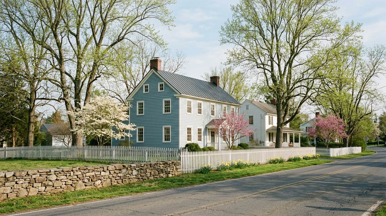 Old frame houses along the turnpike through Aldie village in spring, behind a white picket fence and a dry-stone wall