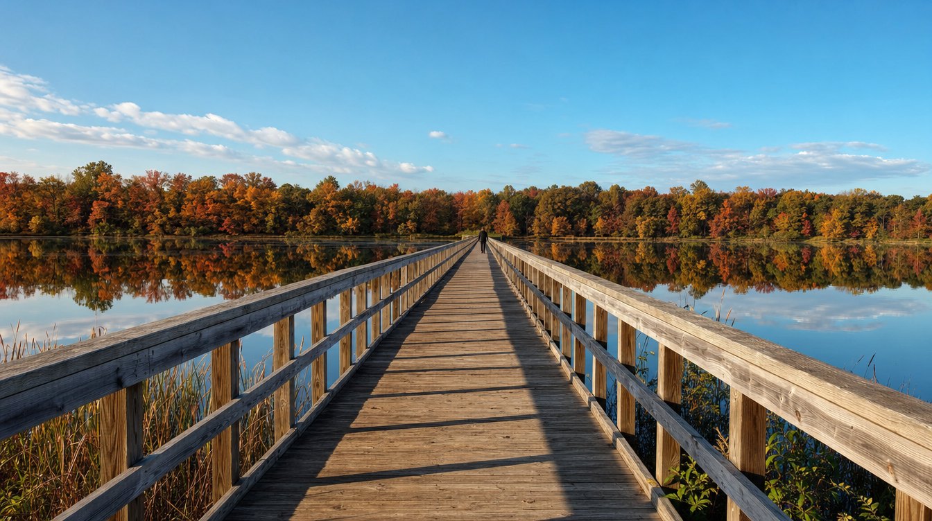 The long wooden boardwalk across Beaverdam Reservoir in Ashburn, the still water reflecting the fall trees