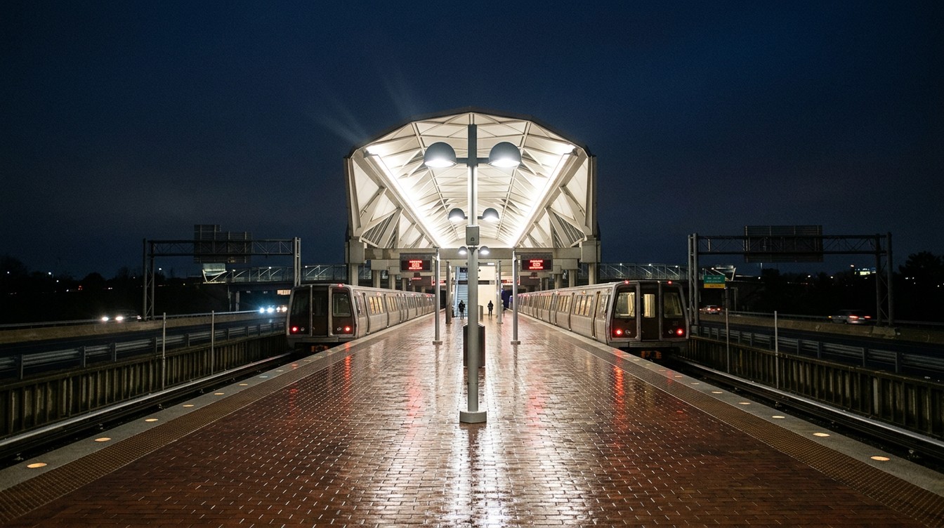 The wet brick platform of the Ashburn Metro station on a rainy November night, under the white faceted canopy and its dome lamps, with silver trains standing on both tracks