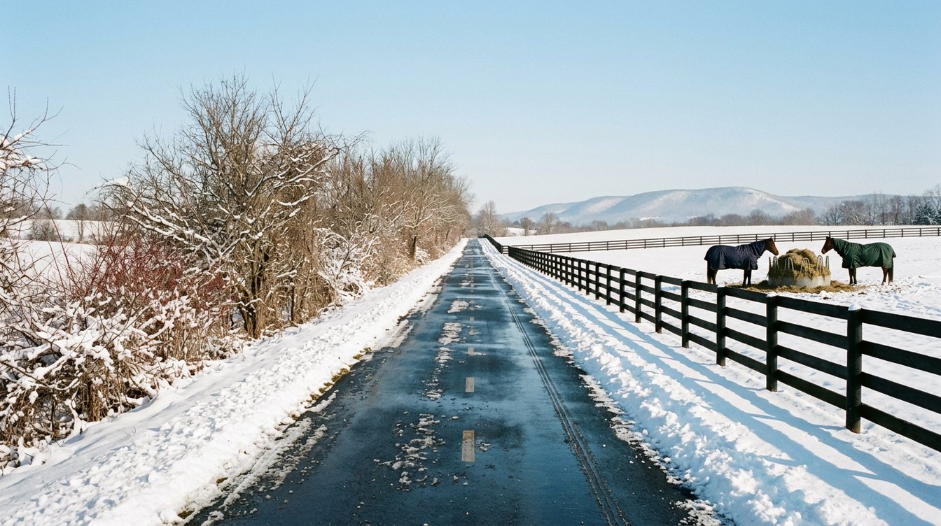 The W&OD Trail running through snowy country near Hamilton beside a black four-board fence, with two horses at a hay feeder and the Blue Ridge beyond
