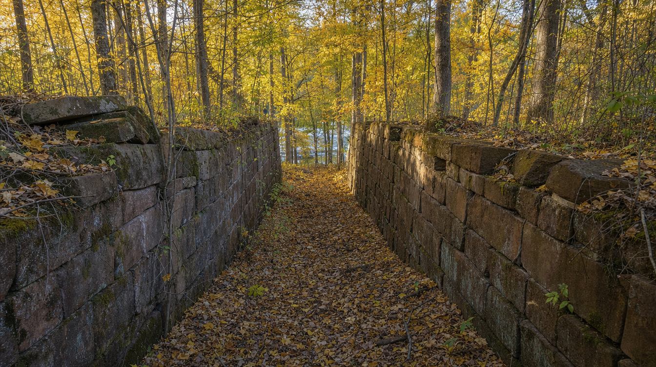 The old sandstone Goose Creek canal lock in the woods near Lansdowne, its floor covered in yellow fall leaves