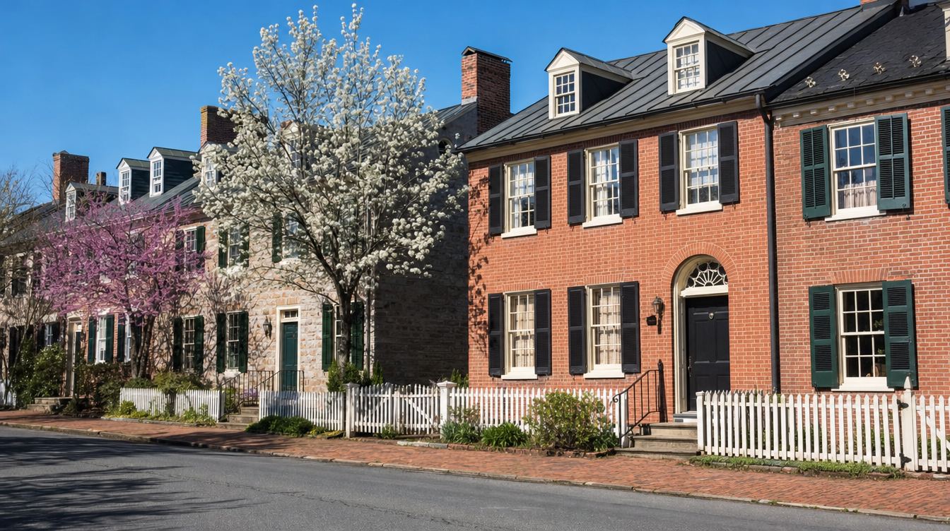 Federal-style brick and stone houses with dormers and green shutters behind white picket fences on a historic-district street, with a flowering pear and a redbud in spring