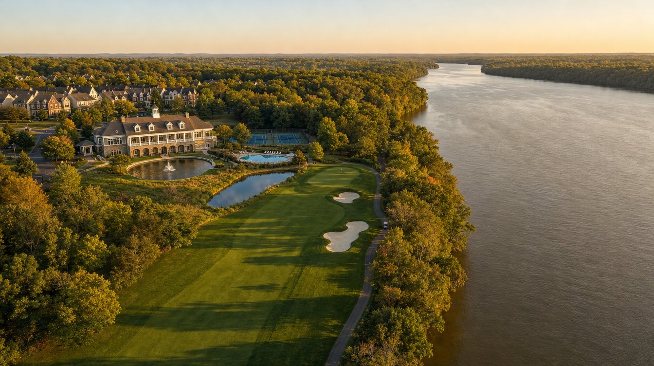 Vista aérea a la hora dorada de la casa club color beige de River Creek, con su cúpula blanca y su terraza con columnas sobre un estanque con fuente, junto a una calle del campo de golf que corre a lo largo del río Potomac