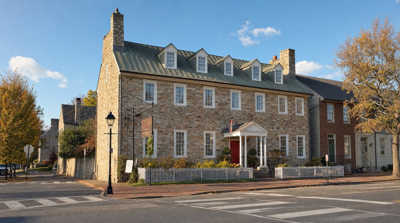 The fieldstone Red Fox Inn on Washington Street in Middleburg, with its red door, white picket fence and fall trees