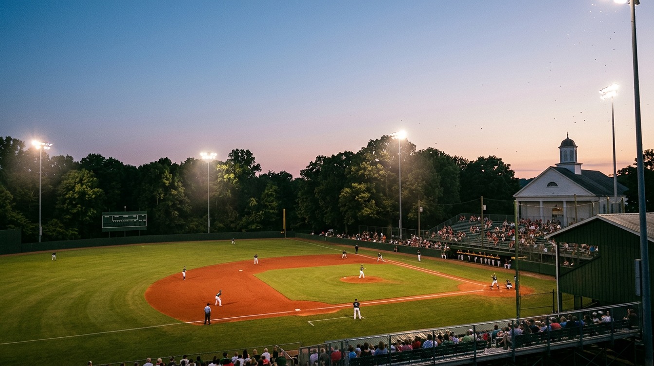 A summer night baseball game at Fireman's Field in Purcellville, the infield lit by tall light towers under a pink and blue dusk sky, with a green scoreboard, packed bleachers and a white building with a cupola beyond the stands