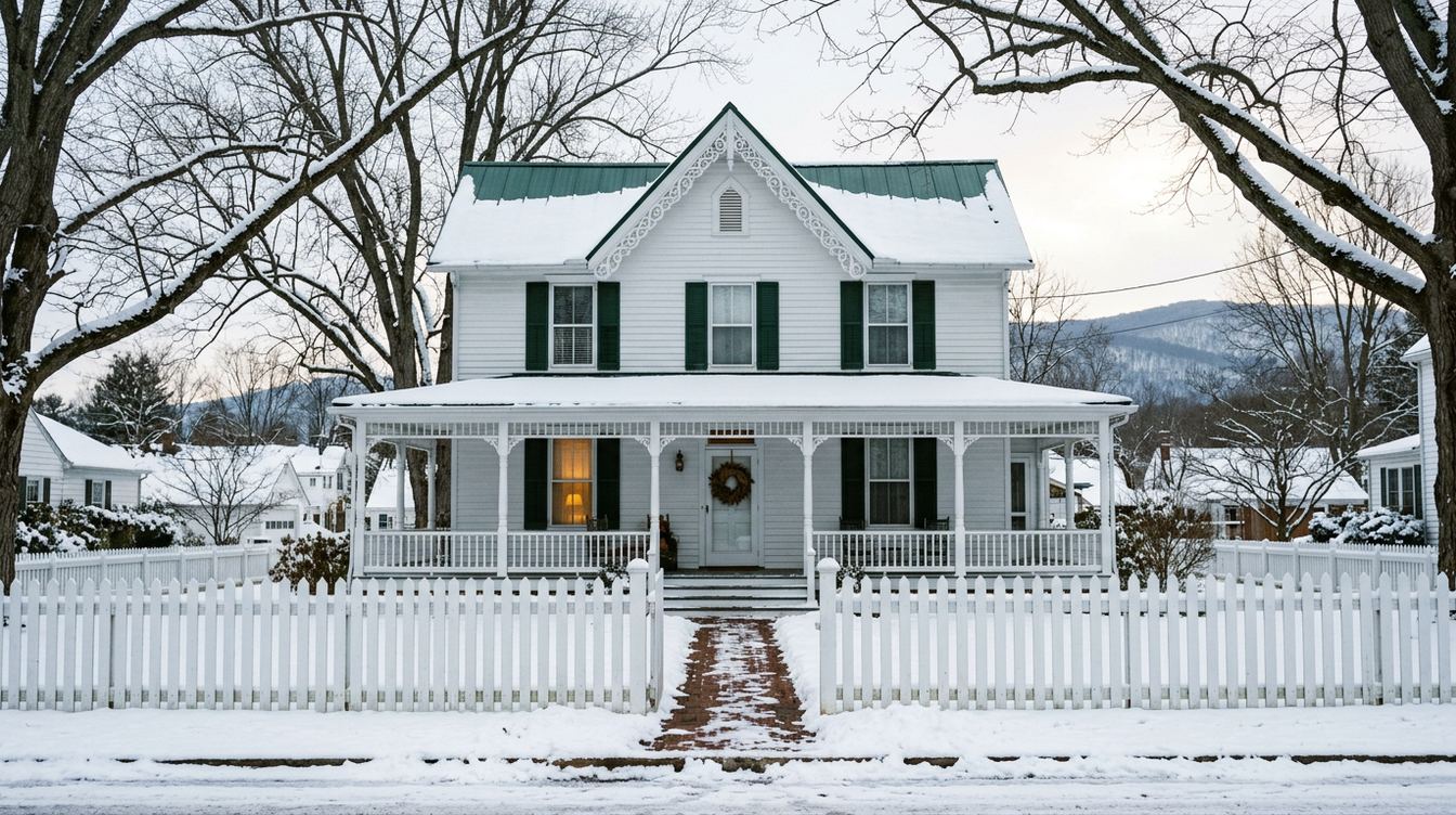A white Victorian farmhouse with green shutters, a green metal roof, lacy gable trim and a wraparound porch behind a white picket fence after a snowfall, with bare trees and the snowy ridge of the Blue Ridge behind