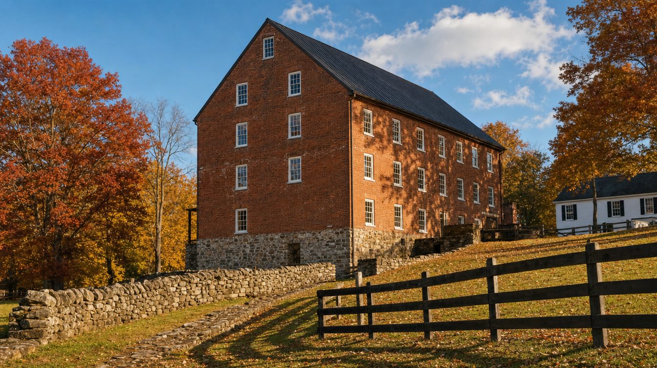 The tall red brick Waterford Mill on its fieldstone base above a stone wall and dark board fence, with fall trees and a white village house