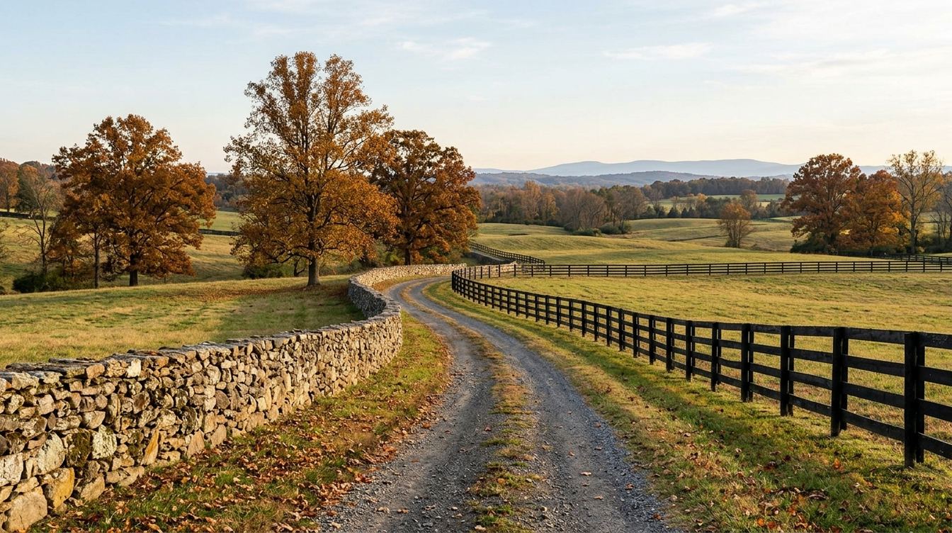 A gravel lane curving between a dry-stacked fieldstone wall and a black board fence, under oaks in amber and rust, with the Bull Run Mountains in blue haze beyond