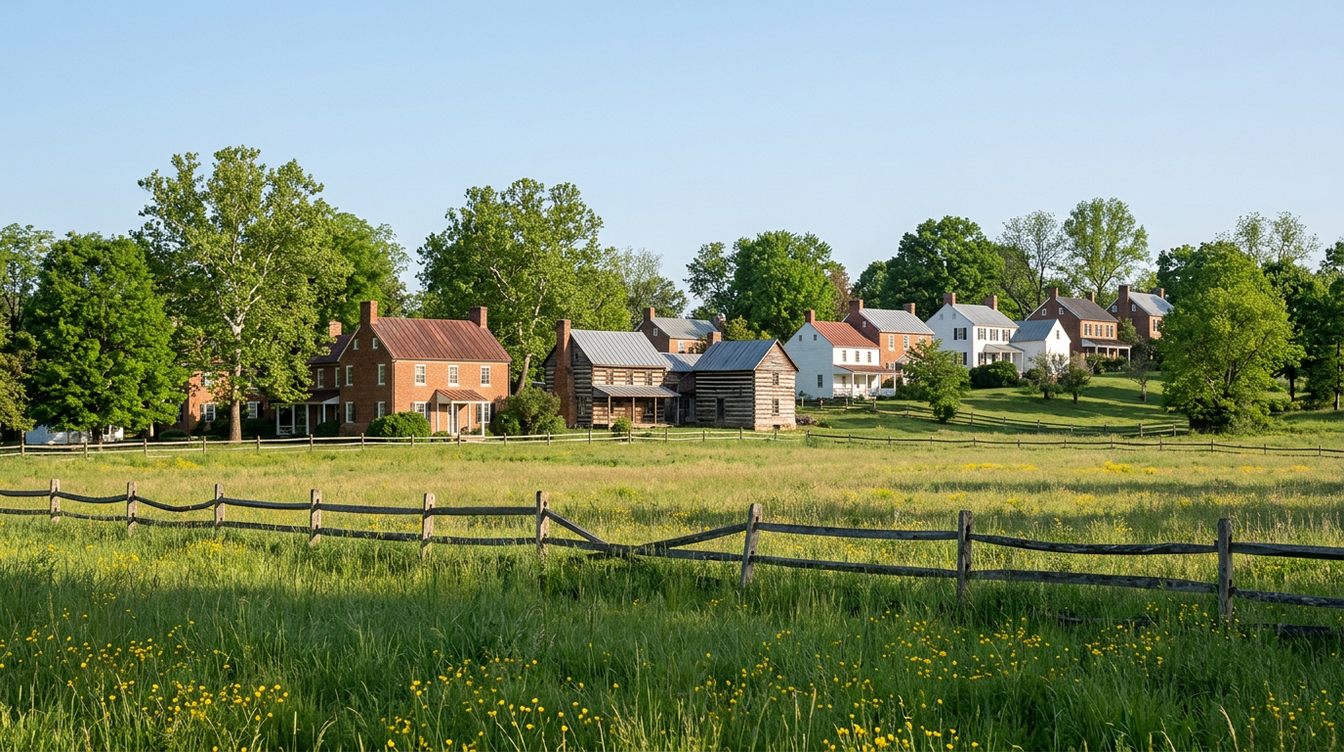 The old brick, log and white clapboard houses of Waterford stepping up a gentle hill among tall trees, seen across a spring meadow with buttercups and a split-rail fence