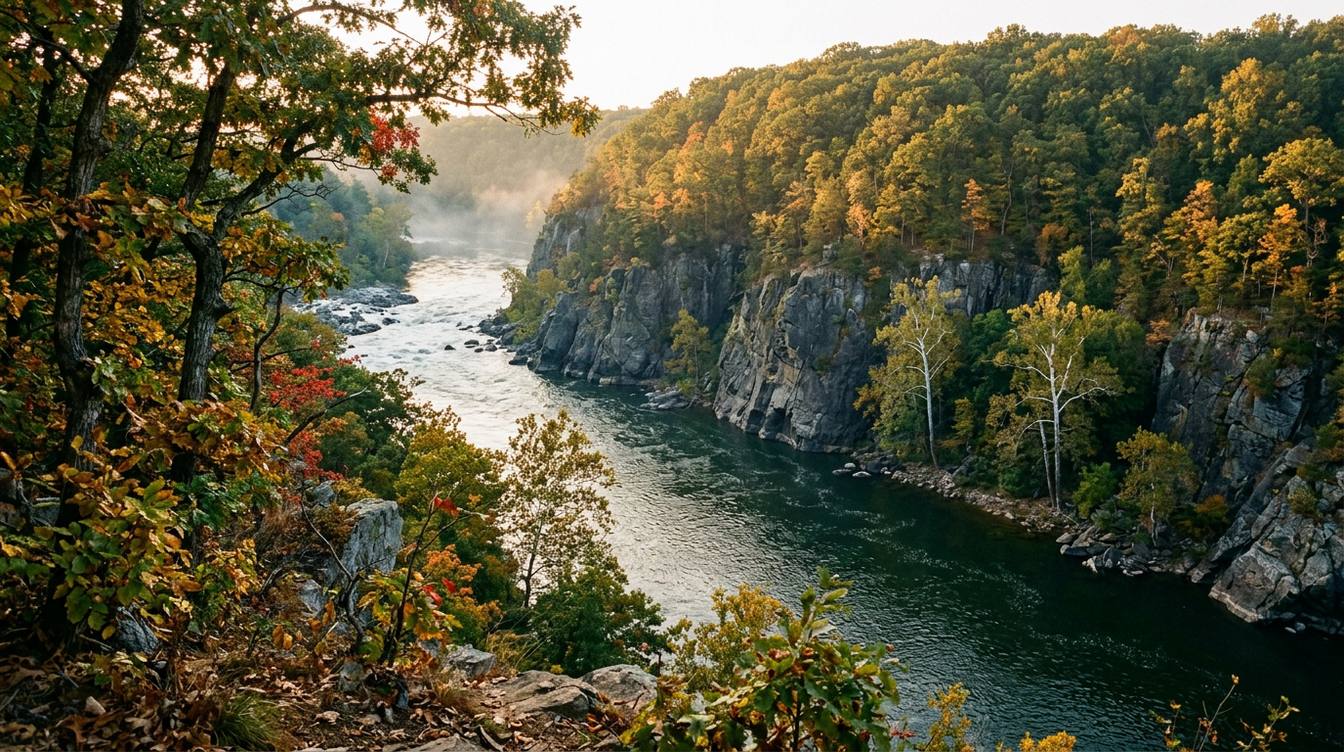 The Potomac River running calm and green through the dark rock walls of Mather Gorge, under wooded slopes turning gold and red, with a little mist on the water
